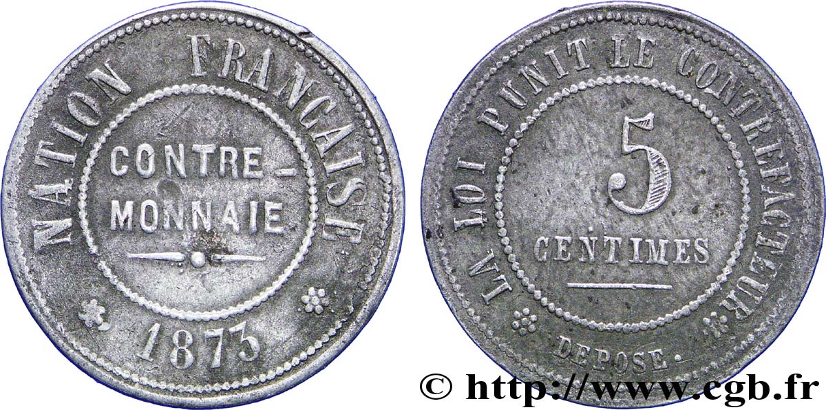5 centimes, contre-monnaie en zinc 1873  GEM.249 2 MBC48 