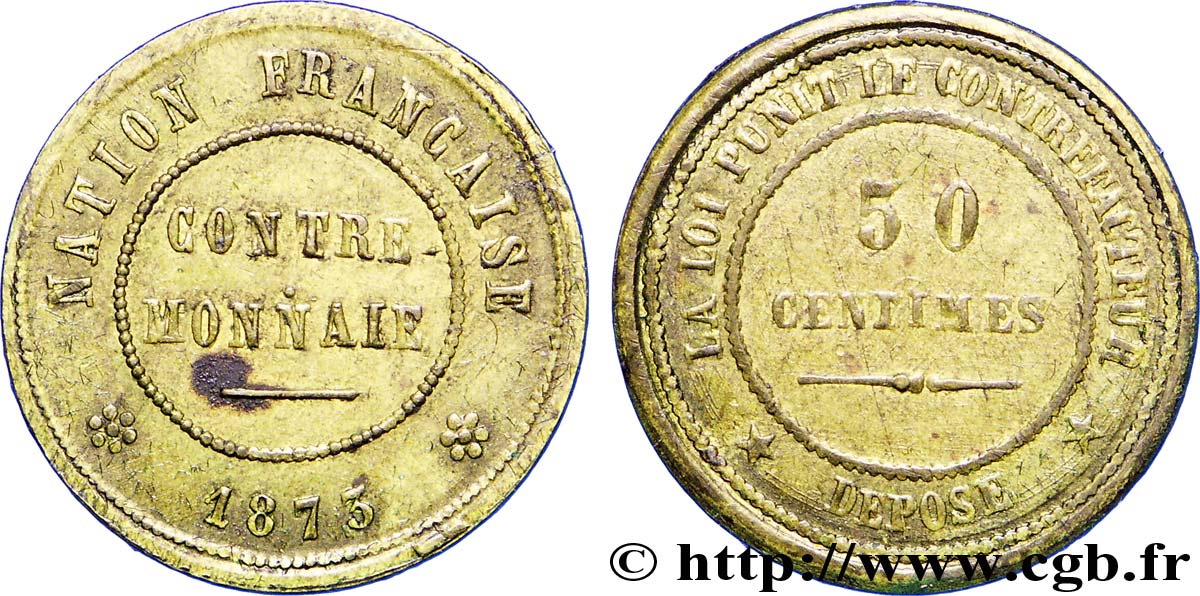50 centimes, contre-monnaie en cuivre-aluminium 1873  GEM.249 4 XF45 