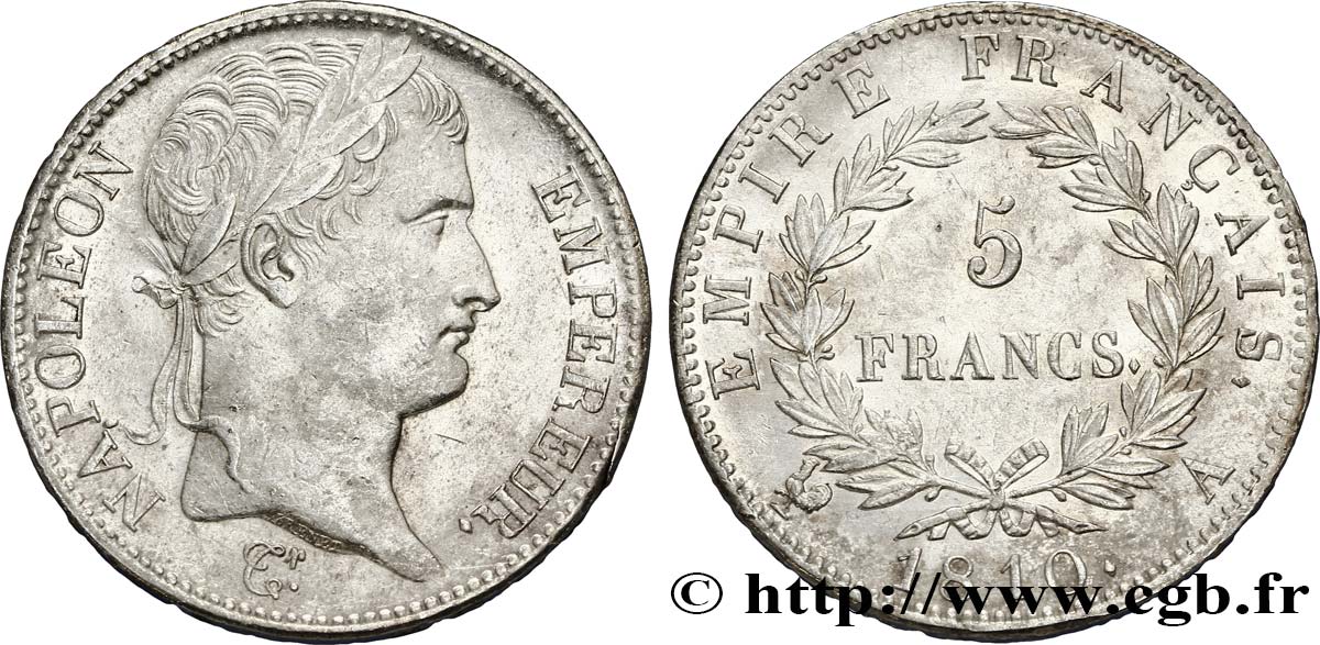 5 francs Napoléon Empereur, Empire français 1810 Paris F.307/14 EBC+ 