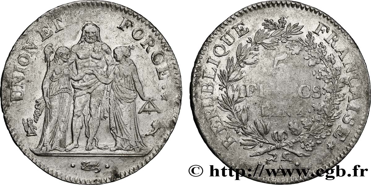 5 francs Union et Force, Union serré, avec glands intérieurs et gland extérieur 1796 Paris F.288/2 TB30