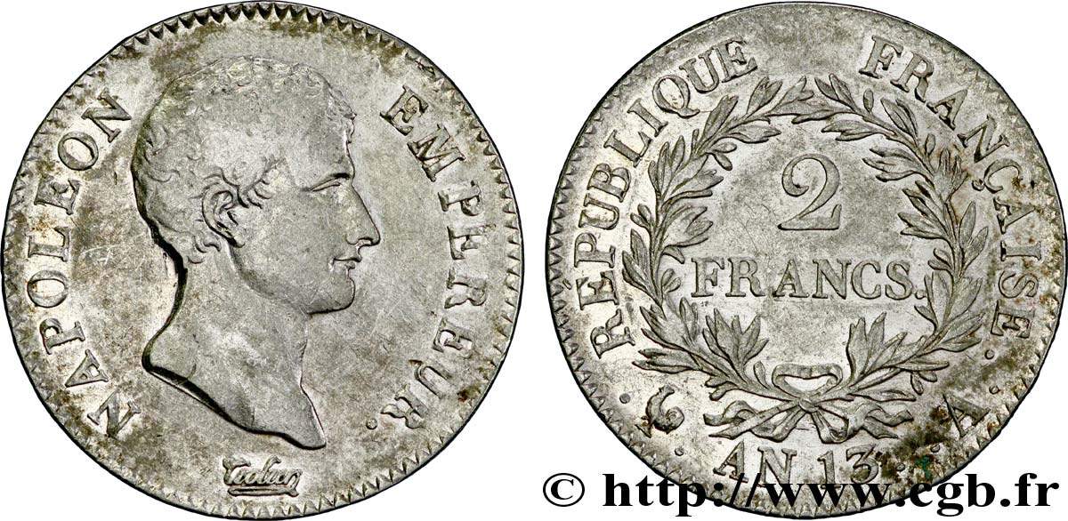 2 francs Napoléon Empereur, Calendrier révolutionnaire 1805 Paris F.251/12 VF28 
