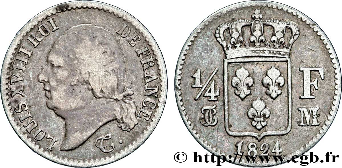 1/4 franc Louis XVIII 1824 Toulouse F.163/34 TB18