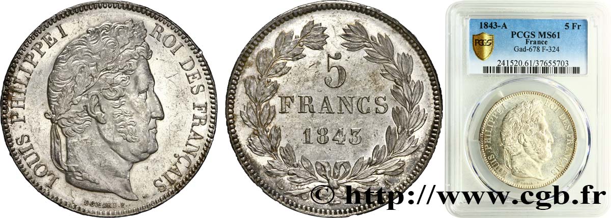 5 francs IIe type Domard 1843 Paris F.324/100 MS61 PCGS