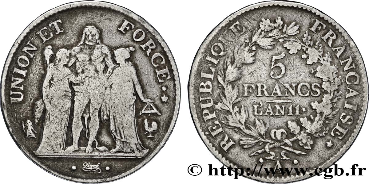 5 francs Union et Force, Union serré, seulement glands intérieurs 1803 Paris F.288/188 VF20 