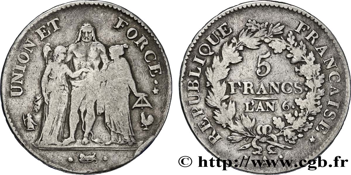 5 francs Union et Force, Union serré, glands intérieurs, gland extérieur, petite feuille 1798 Paris F.288/33 TB25 