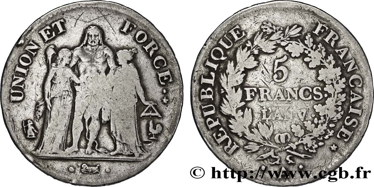 5 francs Union et Force, Union serré, gland intérieur haut, gland extérieur, petite feuille 1799 Paris F.288/104 TB25 
