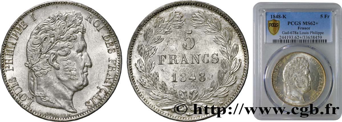 5 francs IIIe type Domard 1848 Bordeaux F.325/19 VZ62 PCGS