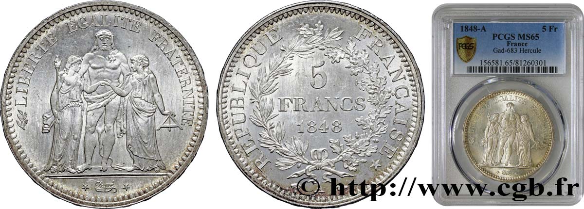 5 francs Hercule, IIe République 1848 Paris F.326/1 FDC65 PCGS