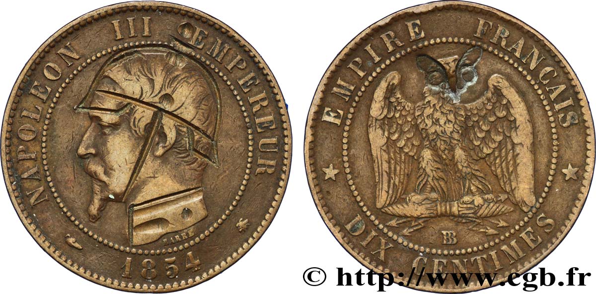 Dix centimes Napoléon III, tête nue, satirique 1854 Strasbourg F.133/13 TTB40