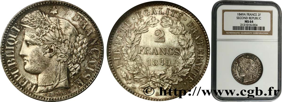 2 francs Cérès, IIe République 1849 Paris F.261/1 MS64 NGC