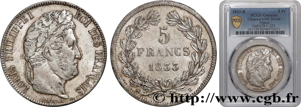 5 francs IIe type Domard 1833 Rouen F.324/15 MS PCGS