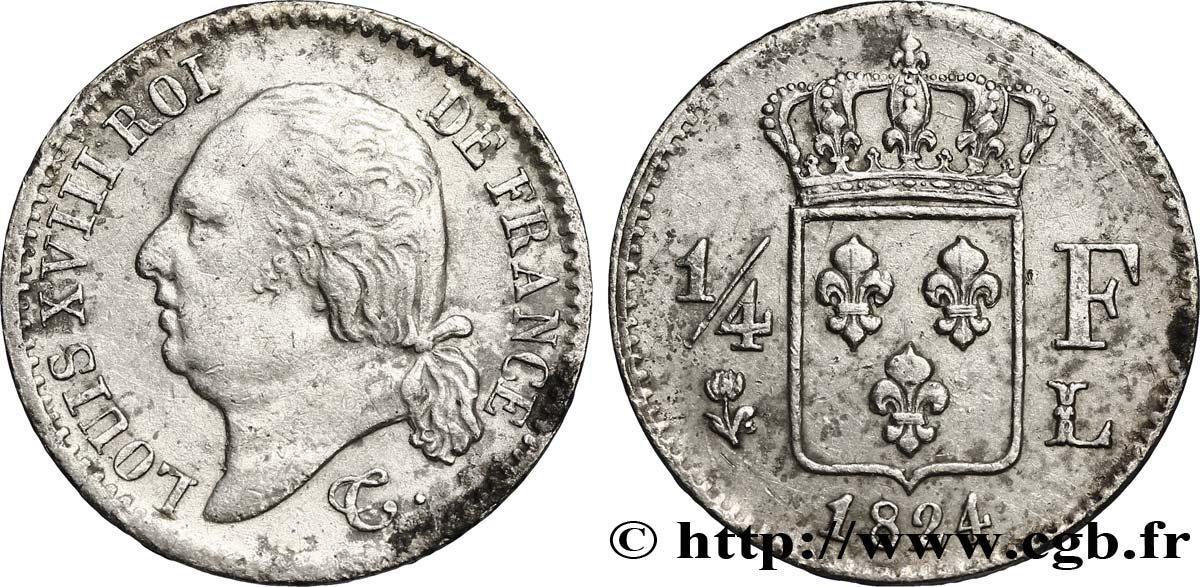 1/4 franc Louis XVIII 1824 Bayonne F.163/33 TTB50