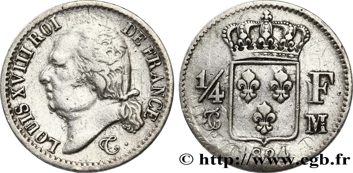 1/4 franc Louis XVIII 1824 Toulouse F.163/34 TB28