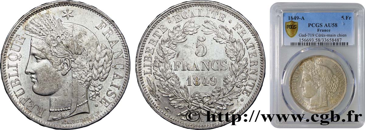 5 francs Cérès, IIe République 1849 Paris F.327/1 SUP58 PCGS