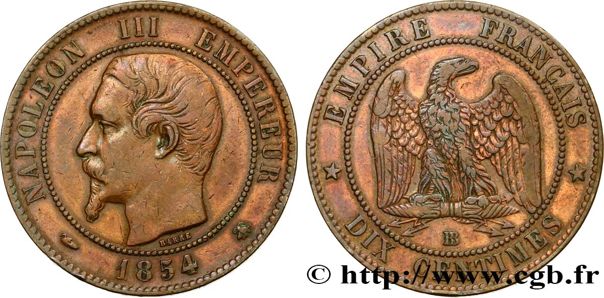 Dix centimes Napoléon III, tête nue 1854 Strasbourg F.133/14 TTB45 