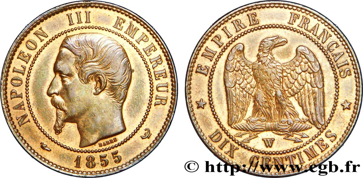 Dix centimes Napoléon III, tête nue 1855 Lille F.133/32 SPL 