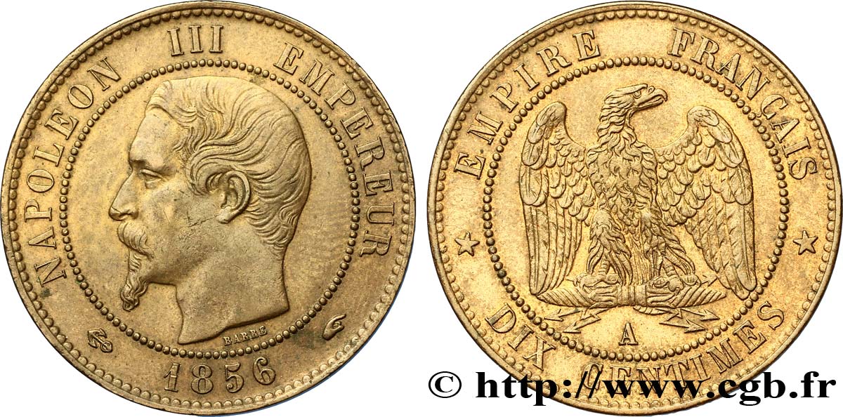 Dix centimes Napoléon III, tête nue 1856 Paris F.133/34 TTB53