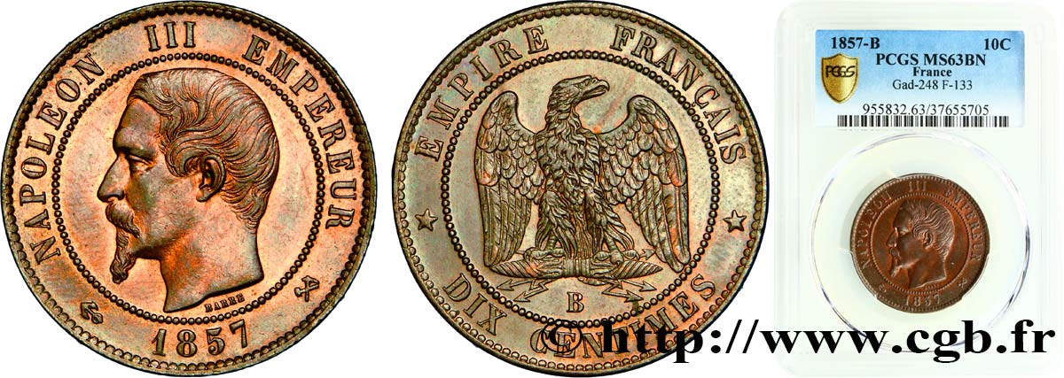 Dix centimes Napoléon III, tête nue 1857 Rouen F.133/42 MS63 PCGS
