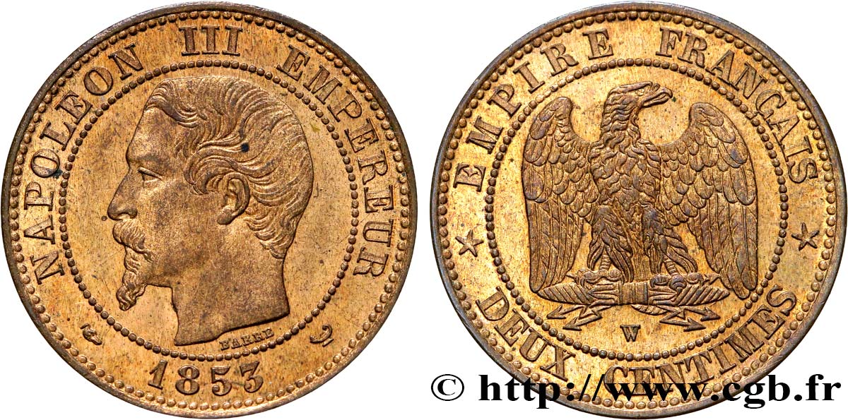 Deux centimes Napoléon III, tête nue 1853 Lille F.107/8 MS62 