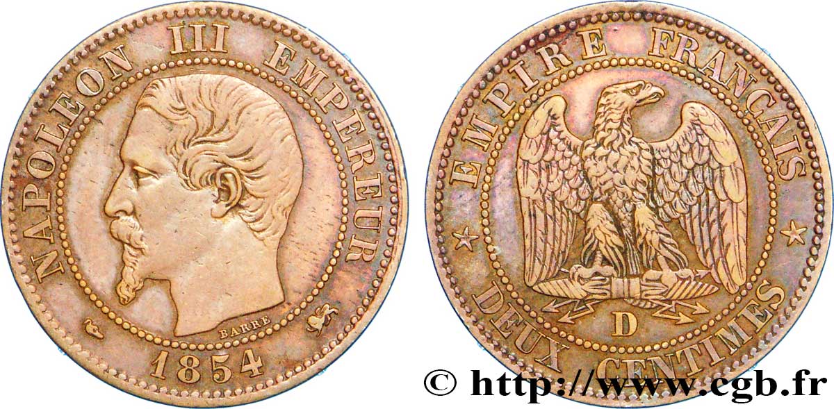 Deux centimes Napoléon III, tête nue 1854 Lyon F.107/12 MBC45 