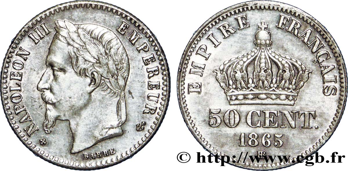 50 centimes Napoléon III, tête laurée 1865 Strasbourg F.188/7 SUP60