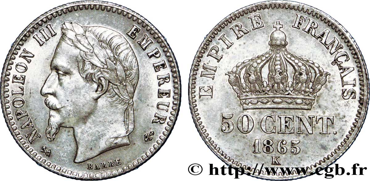 50 centimes Napoléon III, tête laurée 1865 Bordeaux F.188/8 VZ60 