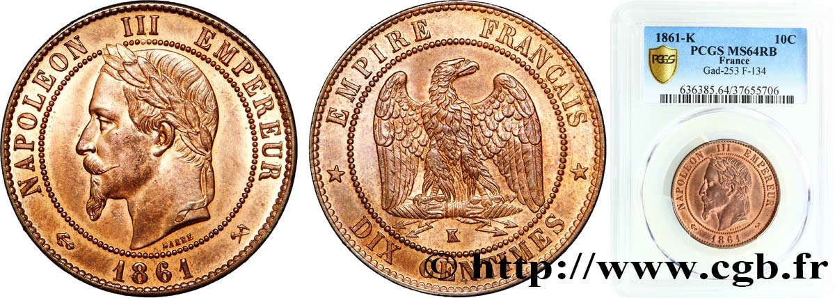 Dix centimes Napoléon III, tête laurée 1861 Bordeaux F.134/6 SPL64 PCGS