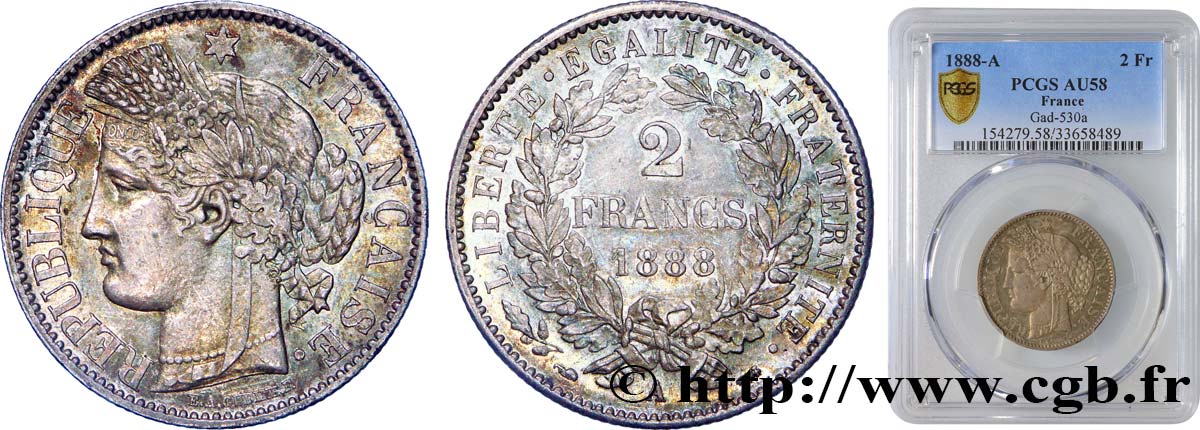 2 francs Cérès, avec légende 1888 Paris F.265/14 VZ58 PCGS