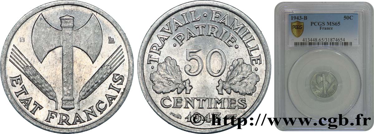 50 centimes Francisque, légère 1943 Beaumont-Le-Roger F.196/3 ST65 PCGS