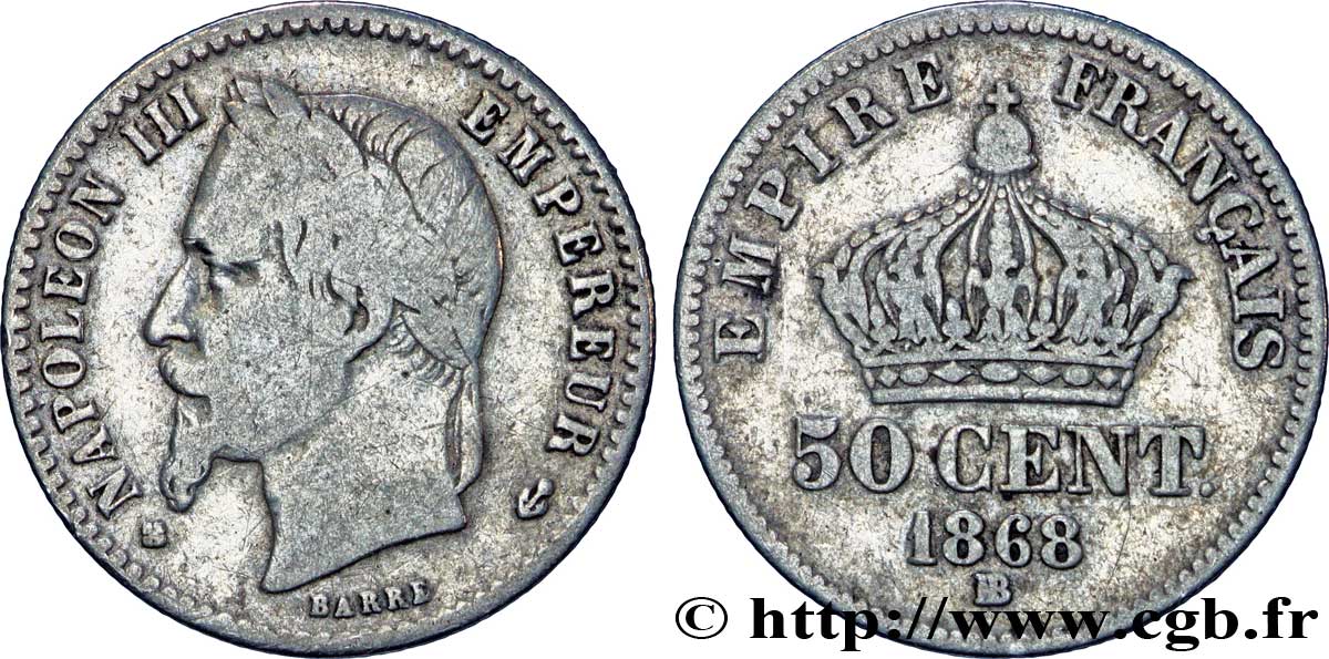 50 centimes Napoléon III, tête laurée 1868 Strasbourg F.188/21 S15 