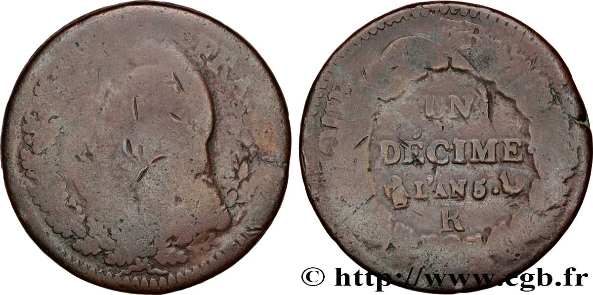 Un décime Dupré, grand module, refrappage du 2 décimes 1797 Orléans F.128/10 B6