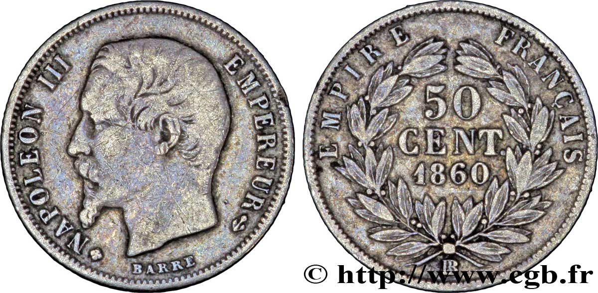 50 centimes Napoléon III, tête nue 1860 Strasbourg F.187/15 TB30 