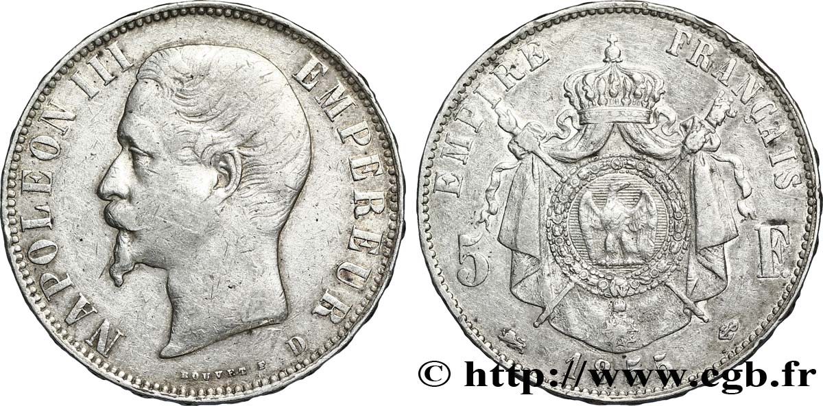 5 francs Napoléon III, tête nue 1855 Lyon F.330/5 VF30