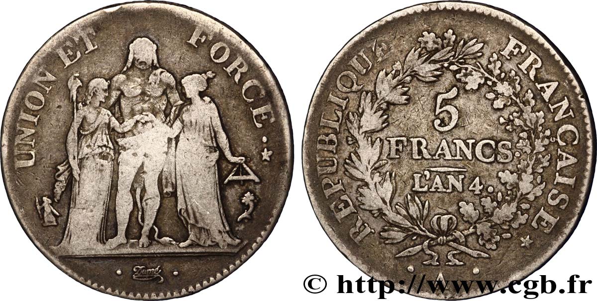 5 francs Union et Force, Union serré, avec glands intérieurs et gland extérieur 1796 Paris F.288/2 VF20 