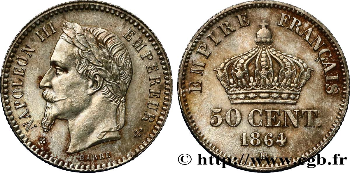 50 centimes Napoléon III, tête laurée 1864 Strasbourg F.188/3 SUP60 