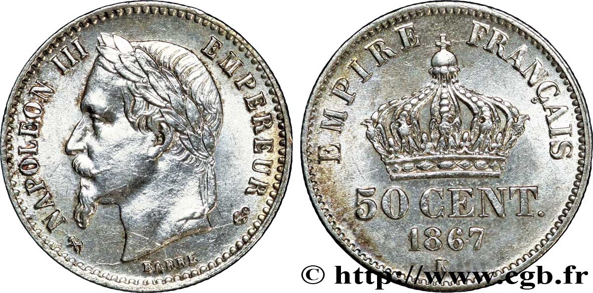 50 centimes Napoléon III, tête laurée 1867 Bordeaux F.188/18 AU58 