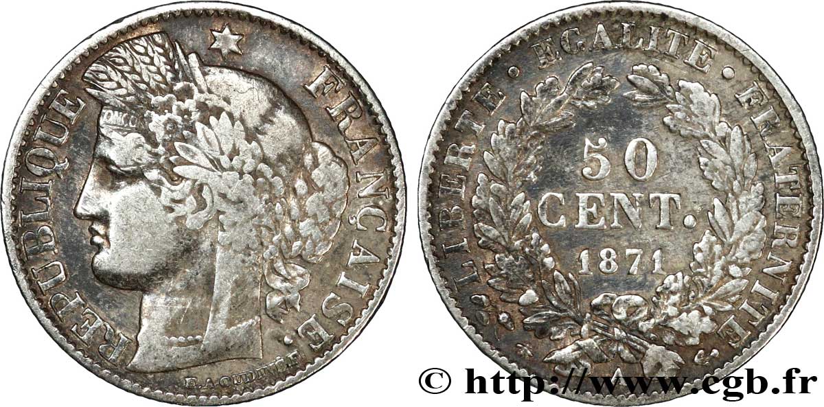 50 centimes Cérès, IIIe République 1871 Paris F.189/1 TB20 