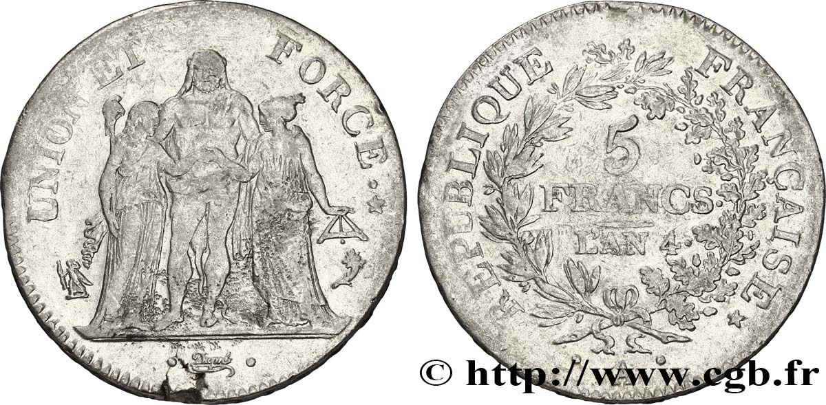 5 francs Union et Force, Union serré, avec glands intérieurs et gland extérieur 1796 Paris F.288/1 BC30 