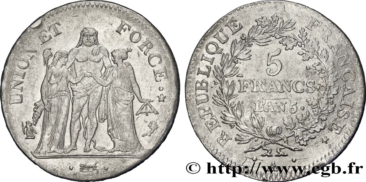 5 francs Union et Force, Union serré, avec glands intérieurs et gland extérieur 1797 Paris F.288/9 XF45 