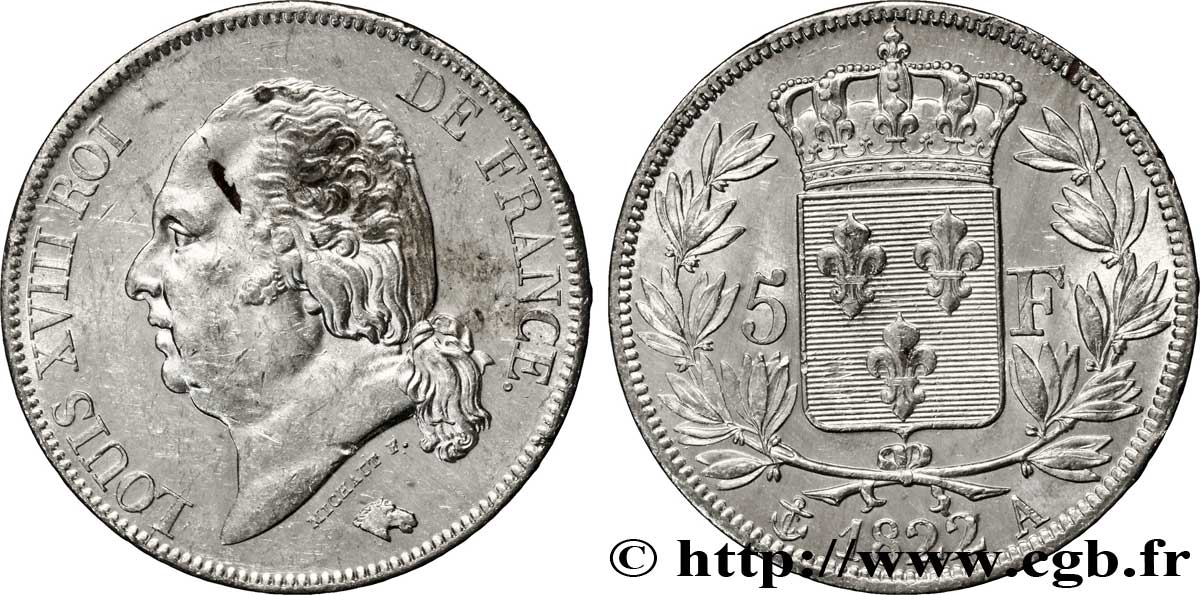 5 francs Louis XVIII, tête nue 1822 Paris F.309/68 SUP60 