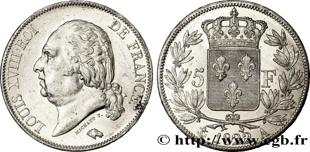 5 francs Louis XVIII, tête nue 1822 Paris F.309/68 SUP60