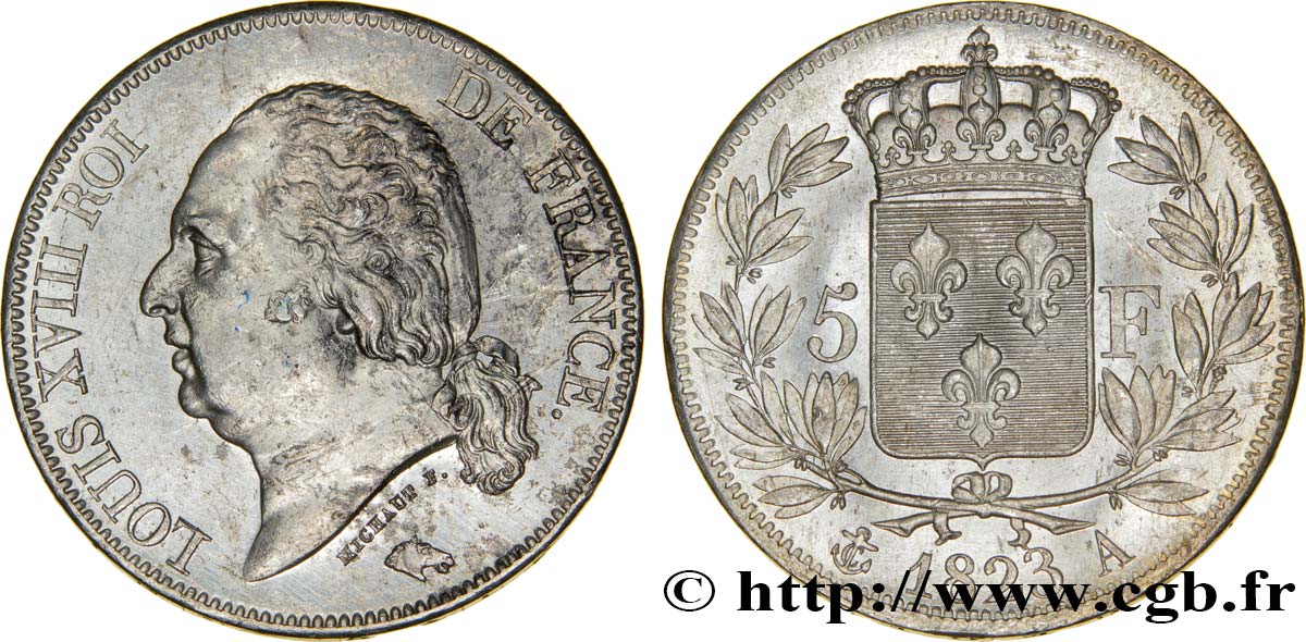 5 francs Louis XVIII, tête nue 1823 Paris F.309/76 AU58 
