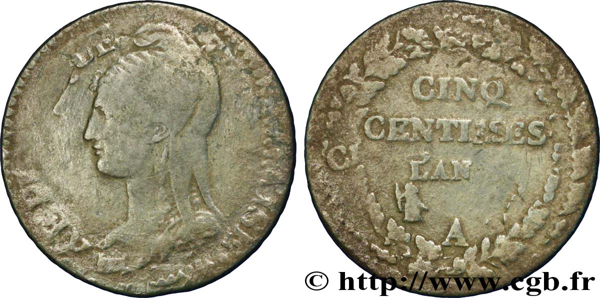 Cinq centimes Dupré, grand module, double frappe 1797 Paris F.115/1 var. TB25
