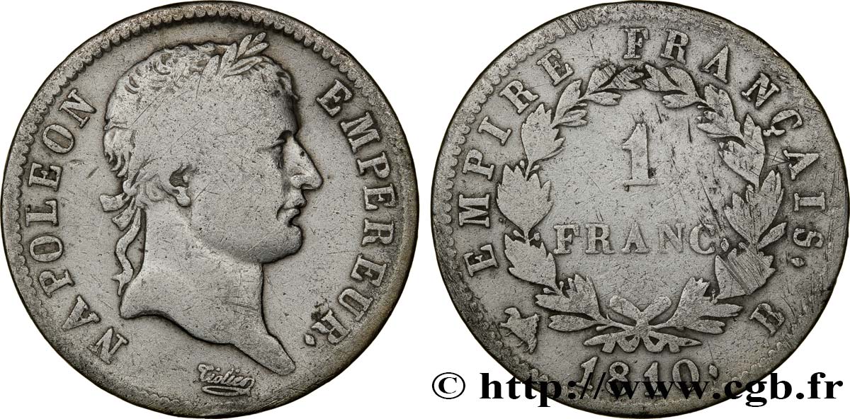 1 franc Napoléon Ier tête laurée, Empire français 1810 Rouen F.205/14 MB25 
