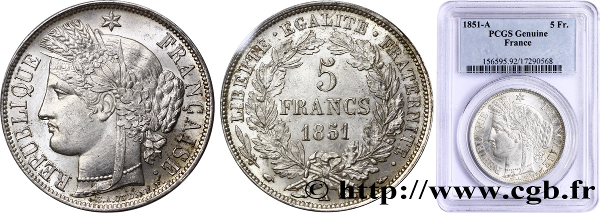 5 francs Cérès, IIe République 1851 Paris F.327/7 MS60 