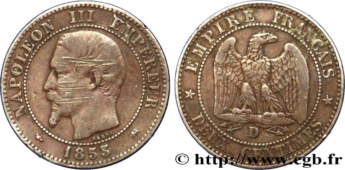 Deux centimes Napoléon III, tête nue, grand D 1853 Lyon F.107/4 TB 