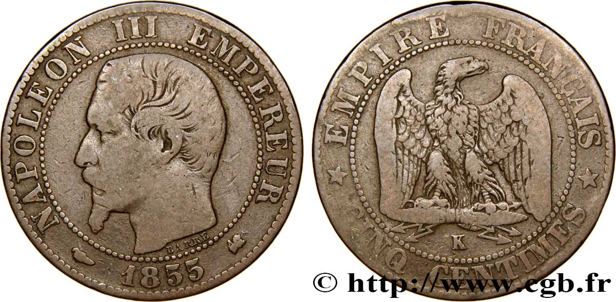 Cinq centimes Napoléon III, tête nue 1855 Bordeaux F.116/24 TB20