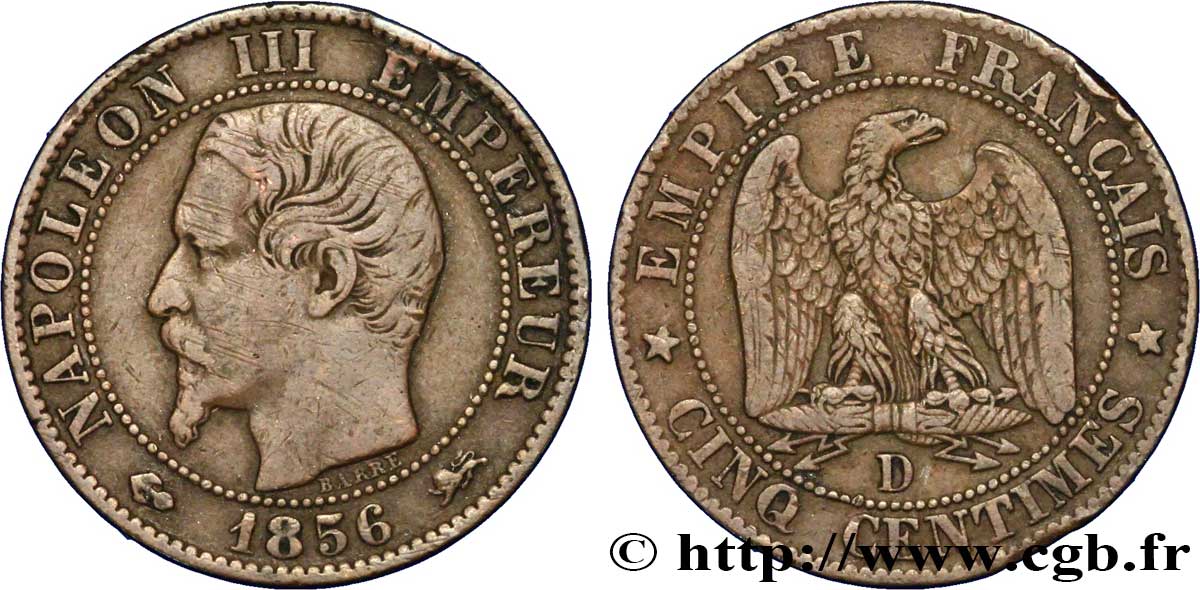 Cinq centimes Napoléon III, tête nue 1856 Lyon F.116/33 TB35 