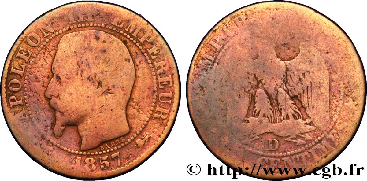 Cinq centimes Napoléon III, tête nue 1857 Lyon F.116/40 G6 
