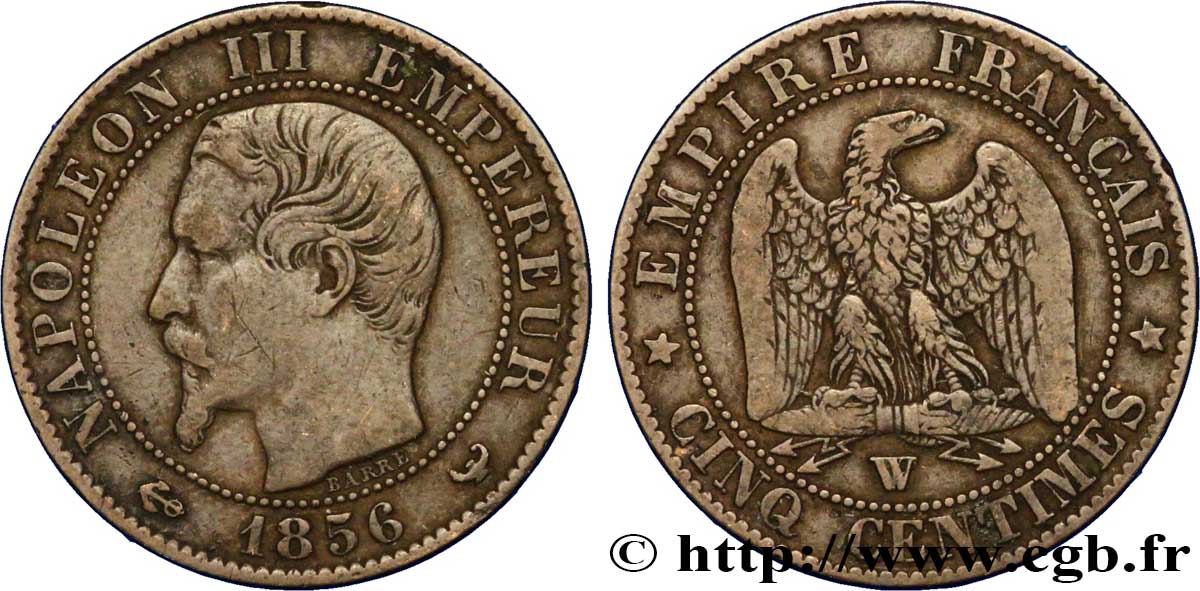 Cinq centimes Napoléon III, tête nue 1856 Lille F.116/36 TTB45 